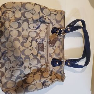 Coach Beige Signature Canvas Tote with Navy Handles and Gold Hardware